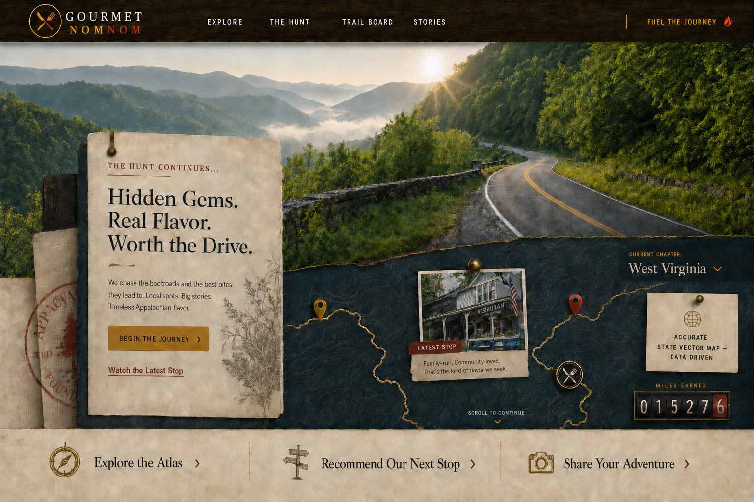 GourmetNomNom locked homepage showing a West Virginia sunrise, editorial hunt card, Flavor Atlas, mileage counter, and journey actions